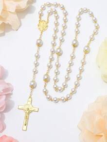 1pc Vintage Gold Acrylic Beaded Necklace With White Pearl Cross Pendant, Versatile Unisex Religious Necklace - White - View 4