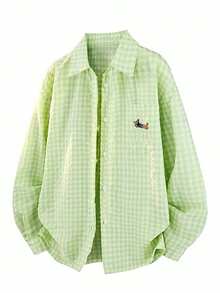 Áo sơ mi dài tay kẻ caro thêu hình chó Dachshund Mỹ, cổ ve áo, dáng rộng thoải mái, màu xanh lá cây năng động, hàng mới về. - màu xanh lá - Xem 1