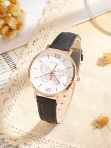 Reloj de cuarzo con esfera con estampado de mariposa elegante, correa de cuero, reloj de moda minimalista, set de 1 pieza para uso diario, regalo para adolescentes - Multicolor - Ver 7