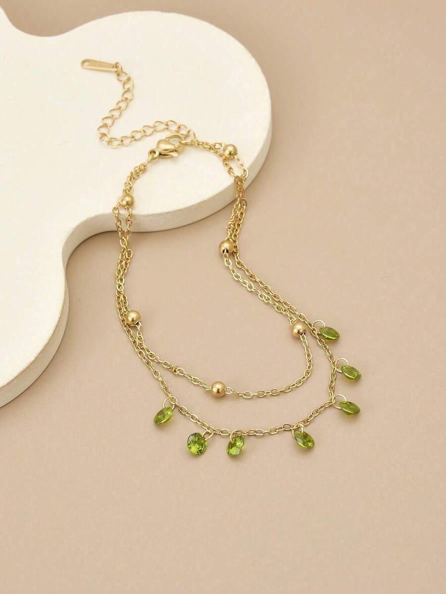1 chiếc lắc chân bằng thép không gỉ hai lớp đính đá Cubic Zirconia màu xanh lá cây thời trang dành cho nữ, thiết kế quả cầu vàng nhỏ, phong cách Bohemian, trang sức vàng, mùa hè, trang sức thép không gỉ, lắc chân, kỳ nghỉ biển, lễ hội - màu xanh lá - Xem 1