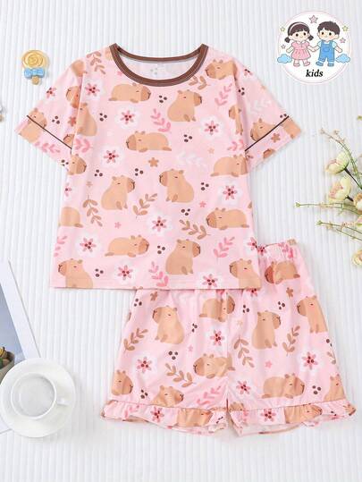 2pcs/Set Cute Capybara Tween Girl Pajamas, Summer Sleepwear, New Flame Retardant Children's Fashion Round Neck Short Sleeve Pajamas, Cartoon Capybara Print, Suitable For Children, Casual Wear, Party Outfit