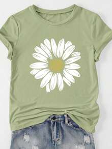 Camiseta cómoda de mujer con estampado de rayas y flores de margarita, cuello redondo, manga corta, minimalista y versátil para uso casual - Verde militar - Ver 6