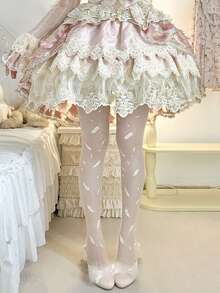 1双女士羽毛印花透明连裤袜，白色修身百搭紧身裤，适合洛丽塔、婚礼、派对、节日装扮 - 彩色 - 查看 6