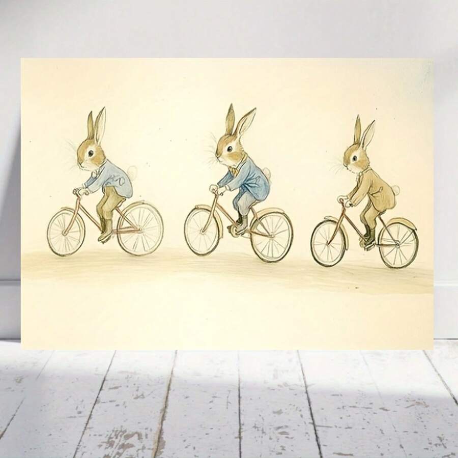 Impresión en Lienzo con Marco de Madera -  Montando Bicicleta, Decoración Vintage para Guardería, Ilustración Caprichosa de Conejo para Dormitorio, Sala de Estar o Oficina en Casa, Arte de Pared para Guardería | Decoración Caprichosa | Decoración Artística de Pared, Decoración de Conejos - Enmarcado - Ver 1