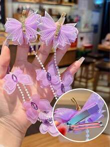 2pcs Pink Pearl Butterfly Braided Hair Chain Hair Clips, Suitable For Girls, Super Fairy Sweet Tassel Braided Hair Ties, Suitable For Girls Hair Clips, Princess Hair Accessories (Paper Card For Display Only) - Multicolor - View 4