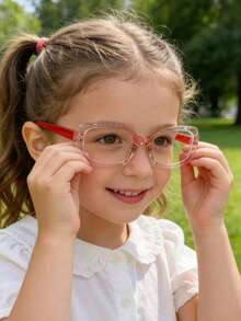 1 paire de lunettes pour enfants avec monture carrée mignonne, sangle en silicone et accessoires en métal. Lunettes anti-lumière bleue avec verres transparents, convenant pour la lecture quotidienne en extérieur, les accessoires de rentrée scolaire, le style décontracté, pour les garçons et les filles. Lunettes de mode à verres transparents, accessoires photo, décoration de tenue quotidienne. - Transparent - Voir 2