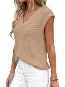 Women's Knit Sweaters Vest Lightweight Spring Cap Sleeve V Neck Tank Tops Summer Going Out Outfits - 卡其色 - 查看 6