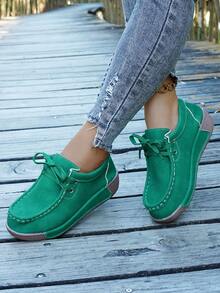 Women's Slip-On Loafer Shoes, Round Toe Mokassin Boat Shoes, Flat-Bottom Casual Walking Shoes, Suitable For Daily, Office, And Semi-Formal Occasions. - màu xanh lá - Xem 2