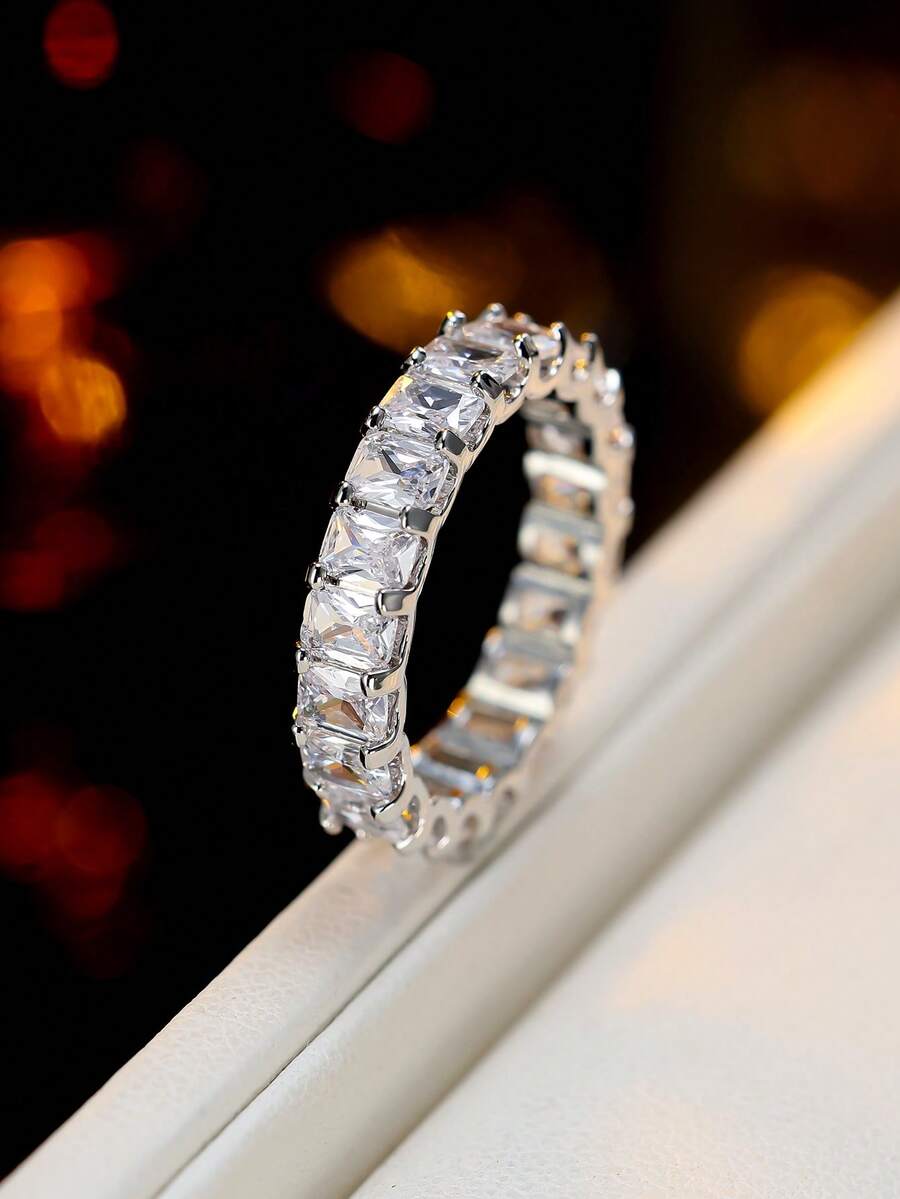 1 Stück minimalistischer Stil komplett besetzter trapezförmiger kubischer Zirkonia Verbindungsring, lässiger täglicher Modeschmuck für Frauen - Ring - Übersicht 1
