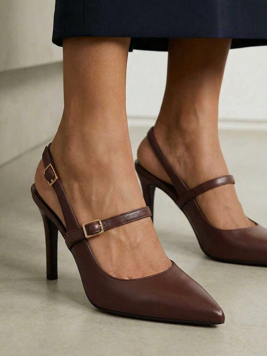 Women's French Retro Brown Pointed Toe Thin Heel Backless Strap Buckle High Heel Shoes, Commuting Elegant Pumps - Brown - View 1