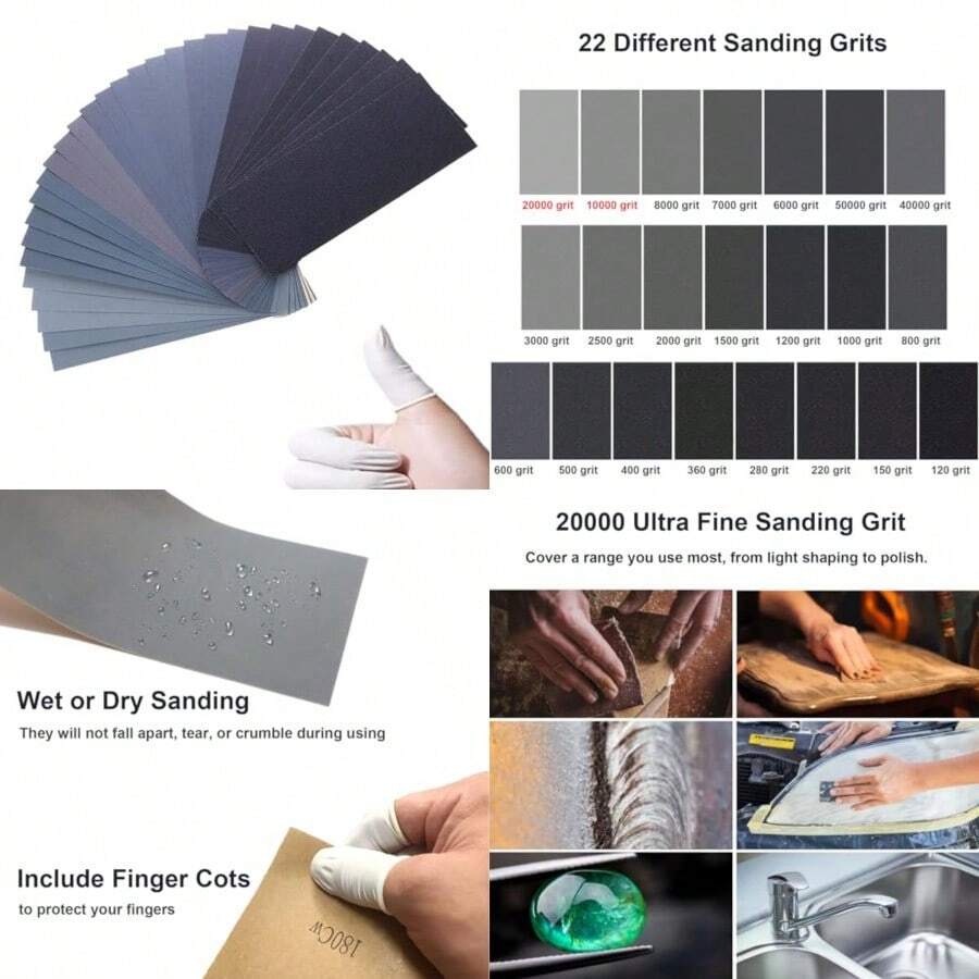 Extra Fine Sand Paper 120 To 20000 High Grit 22 PCS Sandpaper Sheets With 3 Finger Cots Assorted Wet Sanding Paper Automotive Sandpaper Assortment For Car Wood Metal Furniture 9.1 X 3.6'' 22 PCS - 灰色的 - 查看 1