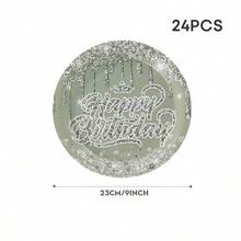 鼠尾草绿银色闪光生日快乐一次性餐具套装，包含9英寸和7英寸纸盘、纸杯和餐巾纸，优雅的鼠尾草绿生日派对用品，饰有皇冠和闪闪发光的图案，非常适合成人派对、里程碑生日、晚宴等场合。 - 多色 - 查看 10