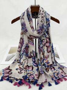 1pc Women's Spring/Summer Fashion UV Protection Blue & Purple Abstract Floral Scarf - Multicolor - View 4