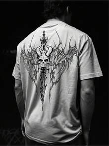 Men's Graphic Tees, Sword And Skull Print T-Shirt, Loose Crew Neck, Casual Everyday Urban Style, Drop Shoulders, Bold Independence Day Top, For Men - trắng - Xem 1