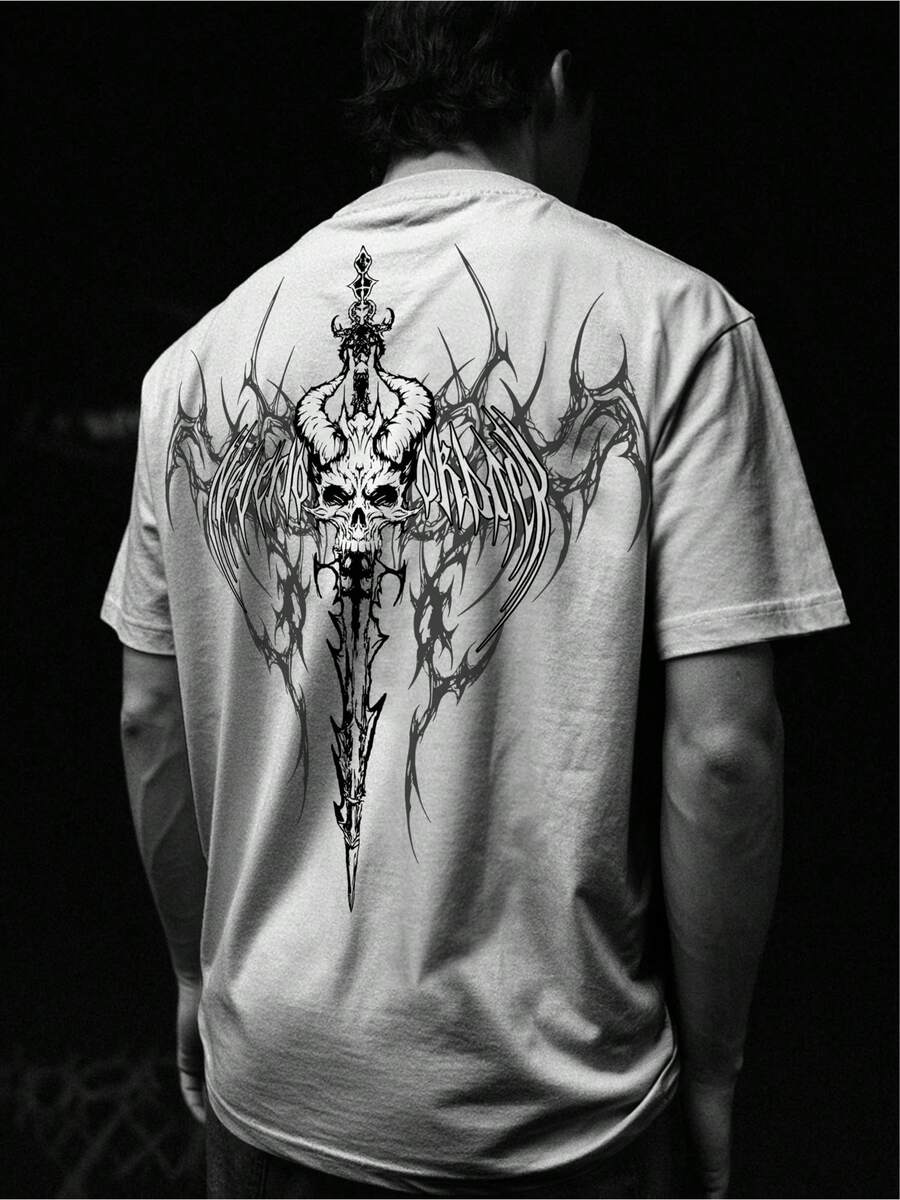 Men's Graphic Tees, Sword And Skull Print T-Shirt, Loose Crew Neck, Casual Everyday Urban Style, Drop Shoulders, Bold Independence Day Top, For Men - trắng - Xem 1