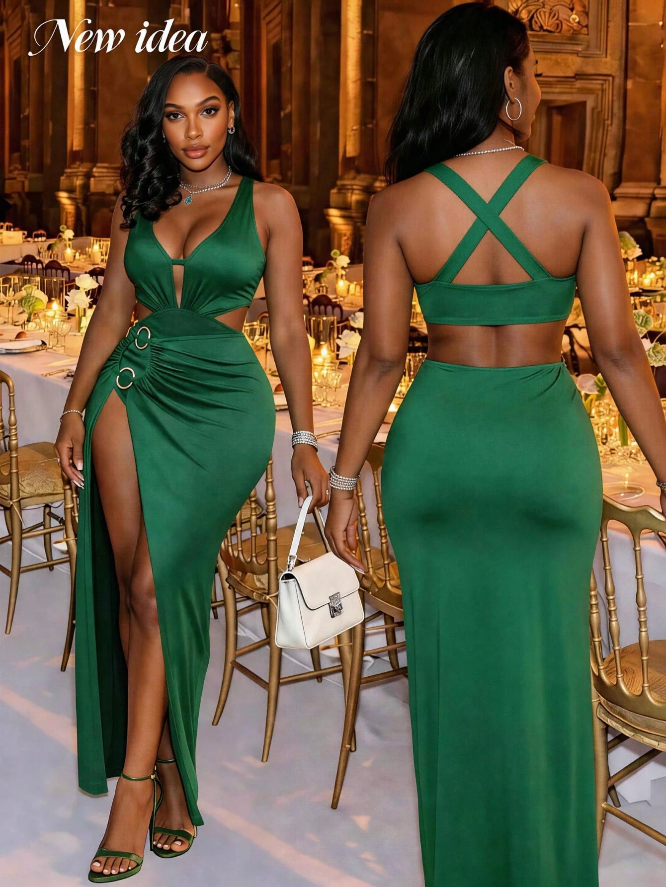Women’S Sexy Green Hollow Out Bodycon Dress, Deep V Neck High Slit Metal Ring