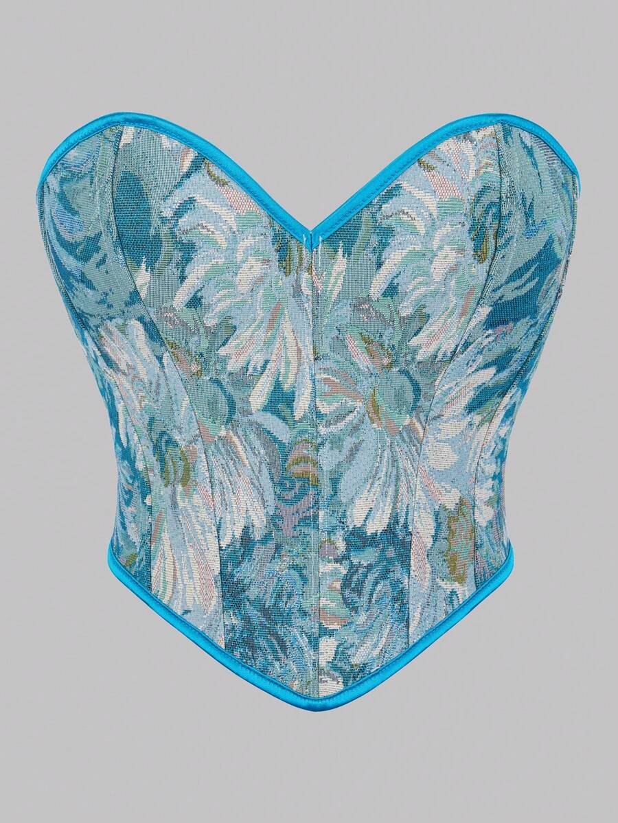 1 buc. Top corset jacquard inspirat din pictură, corset cu model os de pește, vintage francez, potrivit pentru întâlniri de seară de lux, vacanțe de vară - Albastru - Vizualizare 1