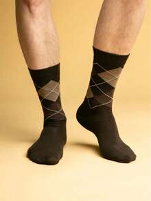 5 Pairs Men's Geometric Pattern Knit Business Casual Mid-Calf Socks, Long Socks (No Gift Box), Suitable For All Seasons - Multicolor - View 7
