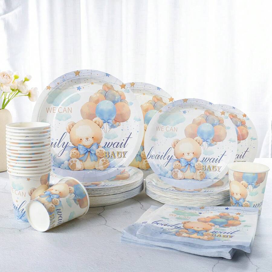 Bộ đồ dùng ăn uống hình gấu bông Star Baby, bao gồm đĩa giấy dùng một lần 7/9 inch, cốc và khăn ăn, thích hợp cho tiệc sinh nhật, lễ hội, họp mặt, dã ngoại, sự kiện kỷ niệm, tiệc trà cưới, lễ tốt nghiệp, đồ dùng tiệc dùng một lần. - Nhiều màu - Xem 1