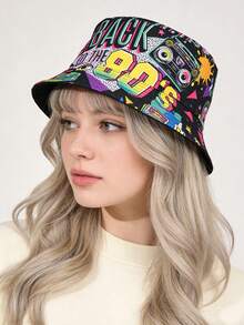 1pc Unisex Retro 80s Style Letter Graphic Print Reversible Bucket Hat, Random Pattern Placement, Suitable For Spring/Summer - A - View 1