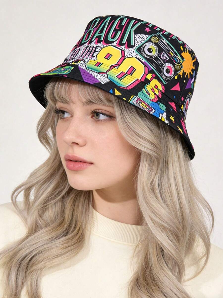 1pc Unisex Retro 80s Style Letter Graphic Print Reversible Bucket Hat, Random Pattern Placement, Suitable For Spring/Summer - A - View 1