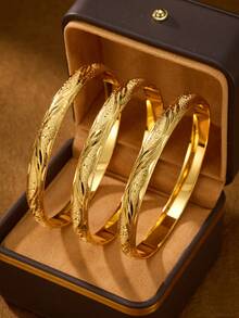 1/3/6pcs Traditional 24K Gold Plated Handcrafted Wave Bangle Bracelet, Suitable For Women's Daily Wear And Gift, No Box Included - Yellow Gold - View 4