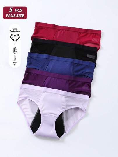 5pcs Plus Size Women's Breathable Mesh Patchwork Comfortable Absorbent Menstrual Panties, Suitable For All Seasons