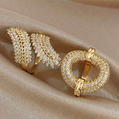 Bộ nhẫn mạ vàng 18K đính đá Zirconia cho nữ | Nhẫn mắt xích hình oval và lá lúa mì | Trang sức chống oxy hóa, có thể đeo chồng lên nhau, thích hợp cho đám cưới, tiệc tùng, hàng ngày, kỳ nghỉ, biển, lễ hội | Món quà hoàn hảo cho phù dâu, Ngày Valentine, sinh nhật, Giáng sinh, kỷ niệm