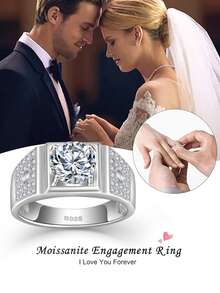 S925纯银莫桑石宽边戒指，求婚、周年纪念、情人节礼物，男女皆宜，奢华百搭设计 - 白色 - 查看 5