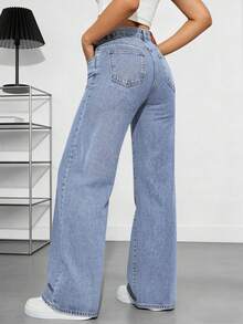 Jeans casuales de pierna recta y ajuste holgado para mujer con bolsillos, jeans rectos de moda, pantalones vaqueros holgados de mezclilla lavada, estilo vintage y casual - Neblina azul - Ver 2