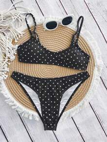 Swim Mod Elegant Vacation Bohemian Navy Blue & White Polka Dot Adjustable Strap V-Neck Sexy Bikini Set - màu đen - Xem 9