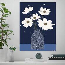 Lienzo plano 2D, 1 pieza, con marco de madera, impresión artística de jarrón azul de puntos con flores de cosmos, pintura botánica minimalista sobre fondo azul, decoración botánica para el hogar, F0157, impresión de moda para decoración del hogar, arte de pared con patrón, decoración para sala de - Enmarcado - Ver 2