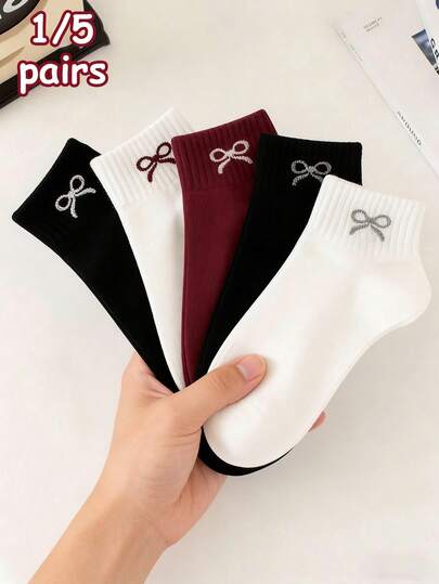 1/5 Pairs Women's Black, White, Wine Red Multi-Color Bow Ribbed Breathable Casual Short Socks, Suitable For Daily, Commuting, Comfortable Fabric, Fashion, Sports, Ins Style, Daily Outfit Essential, Outdoor & Indoor Wear, Minimalist & Interesting Socks, Holiday Gift, Photo Prop