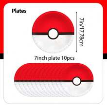 Decoraciones de fiesta con temática de Pokebola de dibujos animados autorizadas, incluye pancartas, banderas, globos y juego de vajilla desechable. Adecuado para celebraciones de cumpleaños, fiestas de graduación, eventos al aire libre. El set con temática de  incluye bolsas de regalo, pancartas, platos de 7 y 9 pulgadas, vasos, servilletas, cajas de dulces, decoraciones para pasteles y otros artículos de vajilla, perfecto para suministros de fiestas con temática de  y regalos festivos. - Multicolor - Ver 17