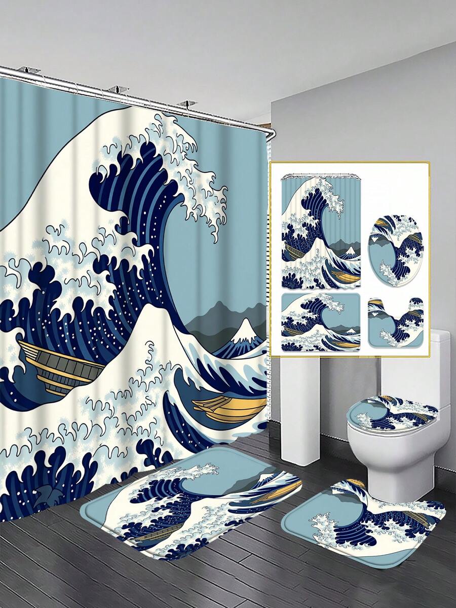 1/3/4 件套冲浪图案浴室浴帘套装，浮世绘风格，含 12 个挂钩，72 英寸 x 72 英寸；另附马桶盖、浴垫和地毯；采用优质涤纶面料，可水洗且防霉，适用于节日装饰、浴室、房间、卧室装饰、浴室配件、厨房装饰、西式卧室窗帘、西式住宅以及母亲节主题装饰