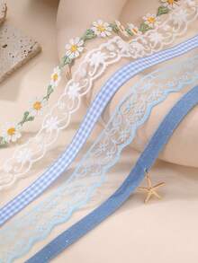 5pcs/Set Girls' Water-Soluble Satin Ribbon Starfish & Flower Necklace Set - Baby Blue - View 2