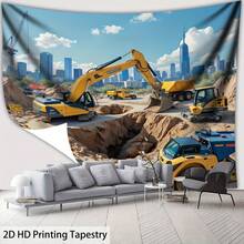 2D Design, [2D Printed] 1 Vivid Construction Site Tapestry - 100% Polyester; Featuring A Construction-Themed Style With Excavators And Bulldozers, Perfect For Decorating Young People's Rooms, Birthday Parties, And Photography Studios. - 1PC - View 6