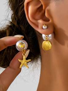 1 Pair Asymmetric Pearl Starfish Pendant Earrings, Fashion Design Adjustable Earrings, DIY Jewelry, Summer Beach Style Gift For Women - Yellow Gold - View 3