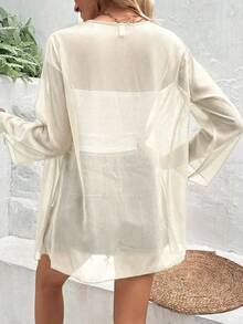 EARO Vacation Casual Solid Color Flare Sleeve Sheer Lightweight Jacket Spring - Apricot - View 2