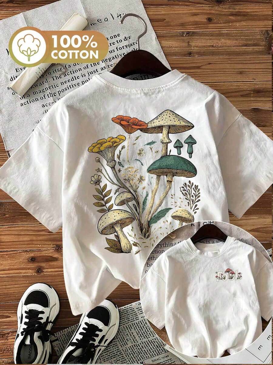 Camiseta feminina, blusa de verão, estampa reversível: Blusa feminina casual e moderna para primavera e verão, estilo vintage com estampas de cogumelos e flores, gola redonda, camiseta de algodão simples de manga curta. - Branco - Ver 1