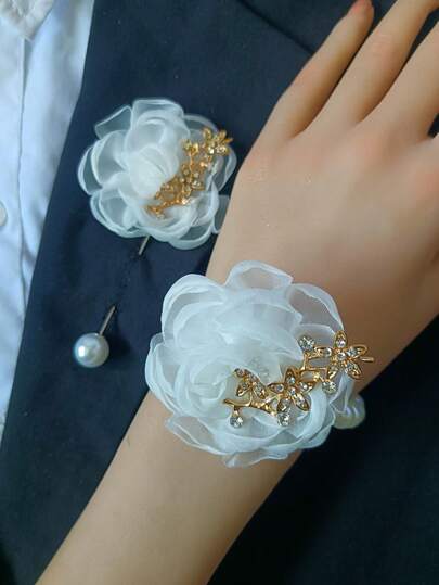 1 vòng hoa đeo cổ tay + 1 trâm cài hoa hồng lưới trắng unisex, phụ kiện hoa đeo cổ tay và hoa cài ngực kiểu dáng nhẹ nhàng, trang trí pha lê.