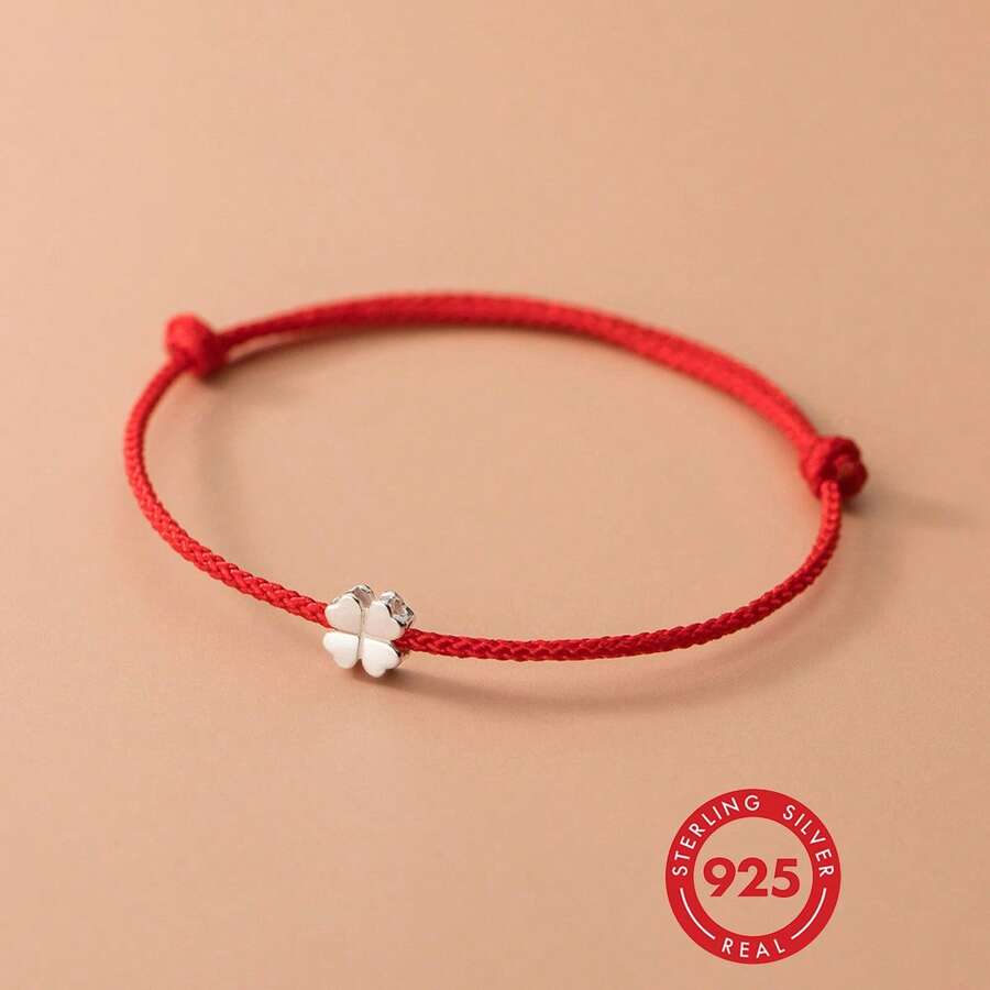 HuooNew 1pc Simple 925 Sterling Silver Clover Charm Red Cord Braided Bracelet, Adjustable, Suitable For Daily Wear - Red - View 1