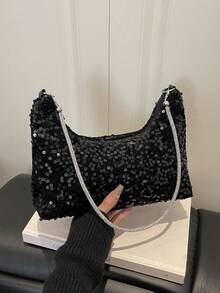 时尚新款纯色亮面优雅手提包，经典百搭的链条新月形女士单肩包，适合购物、装钱包、休闲出行，尤其适合年轻女性、大学生、职场新人及白领人士。也非常适合办公室、大学、工作、商务、通勤、户外活动、旅行和郊游等场合。 - 黑色 - 查看 6