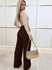 女士纯色高腰休闲百搭日常裤装（春季款） - 咖啡棕 - 查看 5