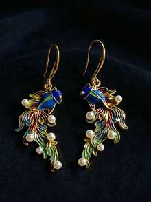 1 par de pendientes elegantes vintage con colgante de pez koi, decorados con perlas falsas, accesorio llamativo para fiestas, regalo de joyería con estilo chino - arete - Ver 7
