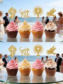 48/24/12/1 món Trang trí bánh cưới, Trang trí bánh cupcake chủ đề Chúa ban phước và Thánh giá, Trang trí bánh lễ rửa tội/lễ đặt tên, lấp lánh vàng - Bánh hình chim bồ câu hòa bình - Xem 3