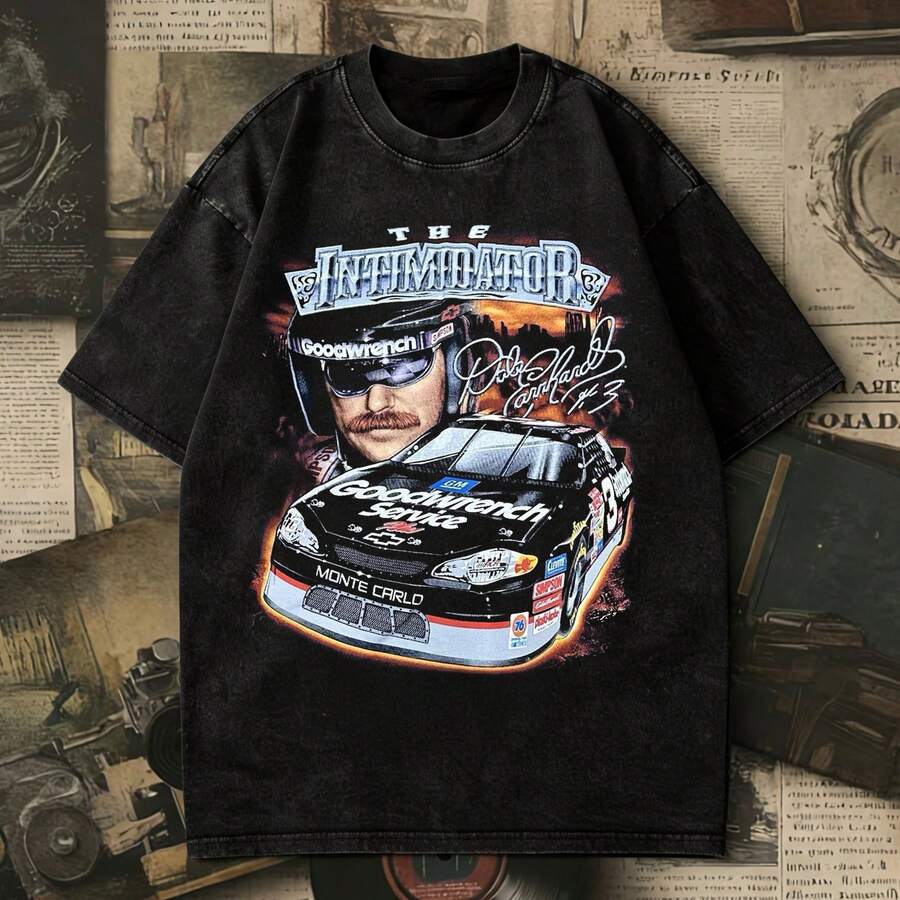 Vintage Wash Dale Earnhardts The Intimidator 3 NASCARs Racing T-Shirt, Retro 90s Racer Graphic Oversized Tee, Washed Black Streetwear. - 黑色 - 查看 1
