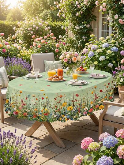 一套花卉桌布，两种设计可选（春季野花边框/民间艺术花卉），多种形状可选（圆形/长方形），关键词：花卉、野花、民间艺术、防水涤纶、防污、春季、母亲节、婚礼、生日、家居装饰、餐桌