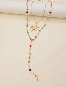 2 piezas Elegante collar de cadena de cristal de vidrio de colores hecho a mano, collar de gargantilla versátil de moda con colgante de sol, adecuado para uso diario y accesorios de joyería de playa de verano para citas - Dorado - Ver 3