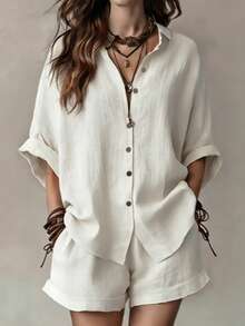 Women's Solid Color Casual Elegant Front Button Shirt Two Pieces Set White Summer - White - View 5